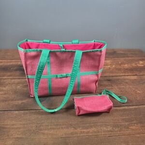Ralph Lauren Tote Bag Womens Medium Pink Green Excellent Woven Straw Pouch Set